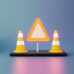 Caution sign with traffic cones on colorful background, indicating roadwork