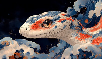Fototapeta premium Elegant Snake with a Blue and White Pattern.