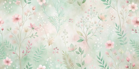 Soft Pastel Floral Meadow Botanical Design Featuring Delicate Blooms and Greenery