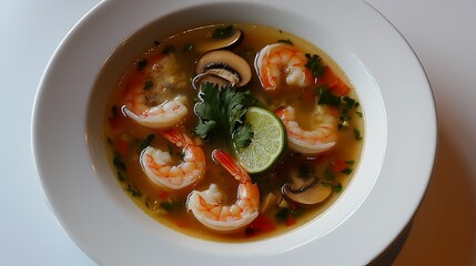 Delicious Tom Yam Kung soup with prawns mushrooms and fresh lime in a white bowl top view