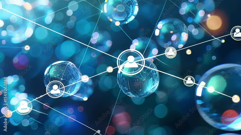 Poster complex network visualization illustrating interconnected data points and a global network, represen