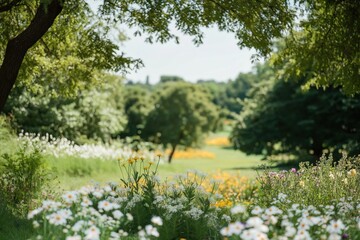 Obraz premium Vibrant floral park landscape shows variety of blooming flowers. Scenic park setting with colorful blossoms. Relaxing atmosphere of nature outdoors. Beautiful scenery perfect for spring summer.