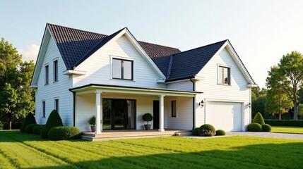 Fototapeta premium Suburban Residence with White Exterior and Dark Roof, Landscaped Lawn and Garden