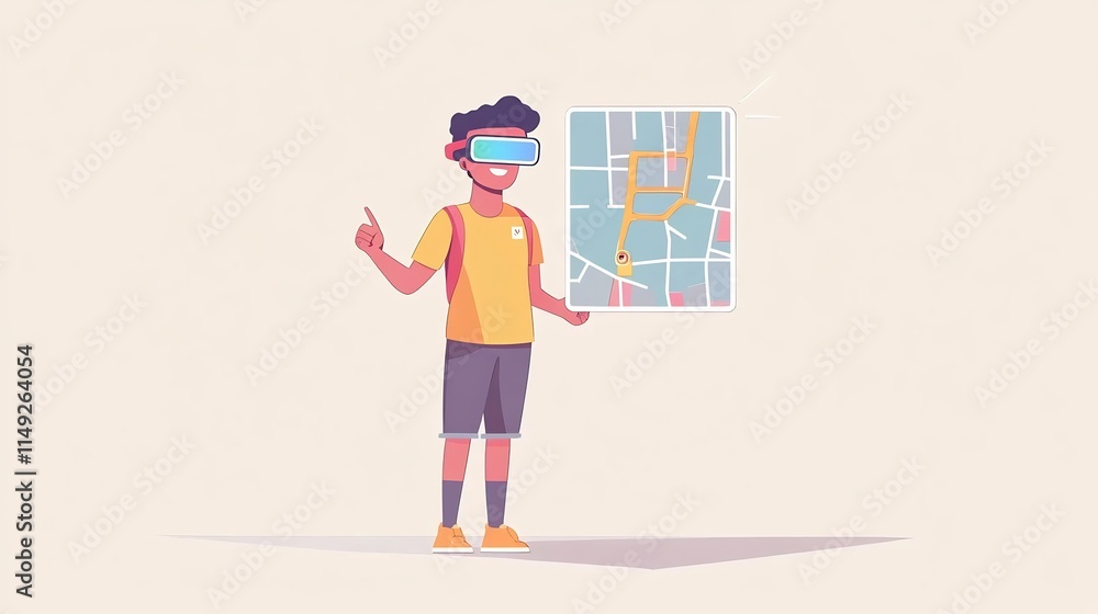 Poster flat style character exploring holographic map with glasses