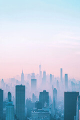 Fototapeta premium A serene, pastel-colored skyline of a cityscape at dawn, with skyscrapers shrouded in a gentle mist under a soft blue and pink sky.