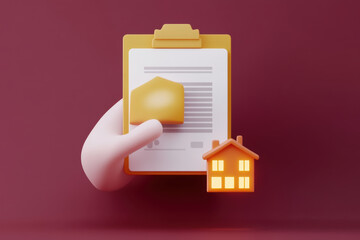 hand holding clipboard with house icon symbolizes government subsidy approval