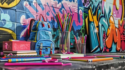 Back to school mockup with an array of colorful school supplies and a backpack on a trendy urban graffiti wall background, with a mockup
