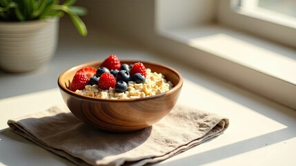 A sunlit bowl of creamy porridge topped with fresh raspberries and blueberries, served on a linen napkin