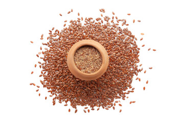 A mud pot filled with organic Flaxseed (Linum usitatissimum) Flour, is placed on a heap of Flaxseeds, isolated on a white background.