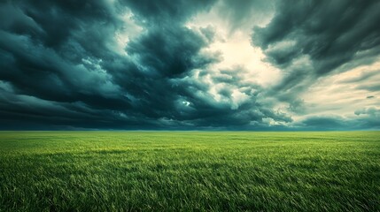 Fototapeta premium Dramatic Sky with Dark Clouds over Lush Green Field Landscape