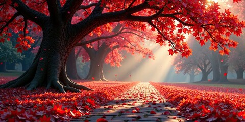 Autumnal Pathway Through a Crimson Canopy of Trees with Sunlight Streaming Through