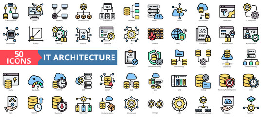 IT architecture icon collection set. Containing system, network, infrastructure, framework, database, server, cloud, virtualization, icon. Simple flat outline vector illustration