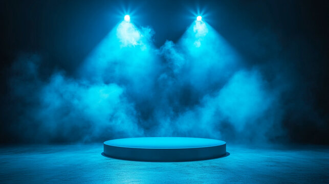 Illuminated stage with blue lighting and fog for live performances or events. 