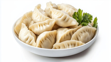 Delicious dumplings served on a pristine white plate, perfect for food blogs, cookbooks, and restaurant menus. The simple, clean background highlights the intricate details of these Asian delicacies.