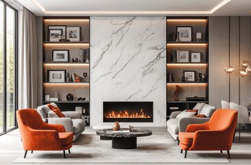 Modern living room with fireplace and built-in shelving.