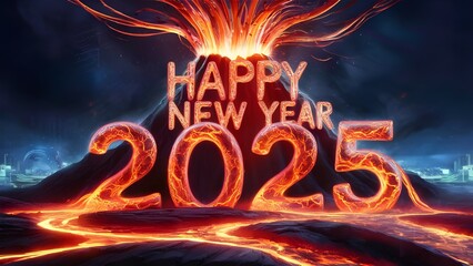 Fiery happy new year 2025 greeting with bold glowing text surrounded by dynamic flames creating an intense and energetic holiday celebration design