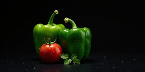 Vibrant Green Bell Peppers and a Juicy Red Tomato on Dark Background