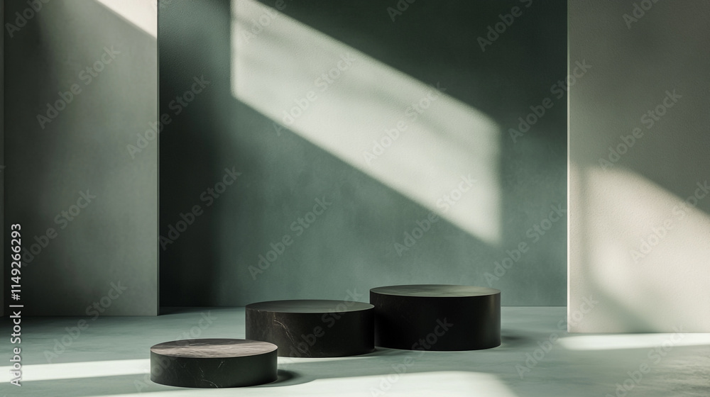 Poster minimalist studio setting with geometric shapes and natural light.