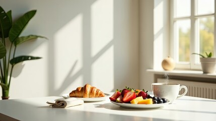 Sunny Morning Breakfast Table Setting with Fresh Fruit and Pastry