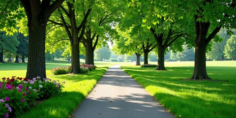 Obraz premium Serene Pathway Through Lush Greenery A Tranquil Summer Stroll Under the Canopy of Majestic Trees