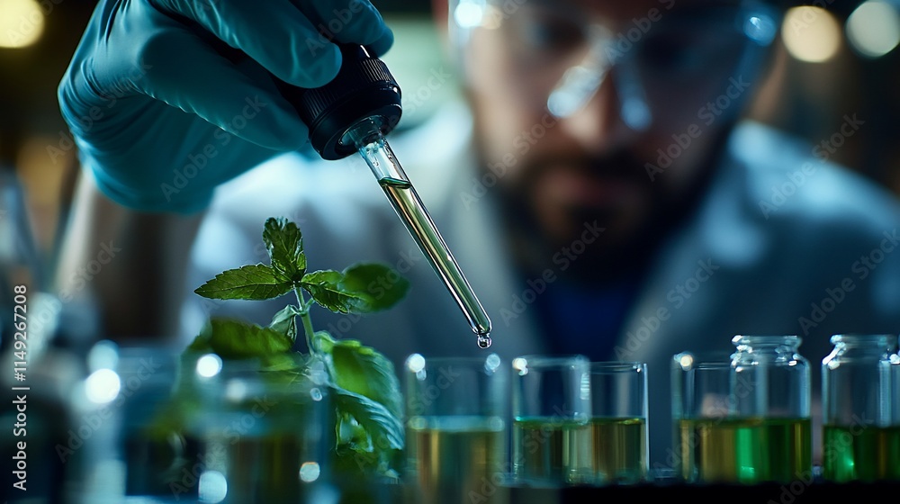 Poster scientist using pipette to add liquid to plant sample in lab.