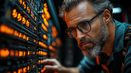 A network engineer setting up and maintaining computer networks and data server, ensuring secure and efficient communication systems.