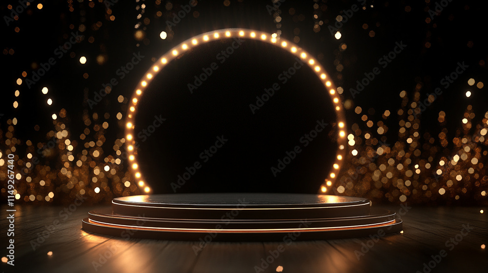 Poster brightly lit stage with circular light setup for a performance event.