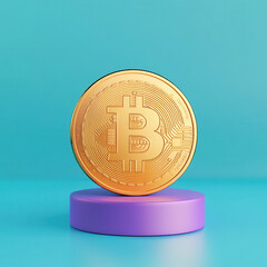 golden coin representing digital currency on colorful pedestal