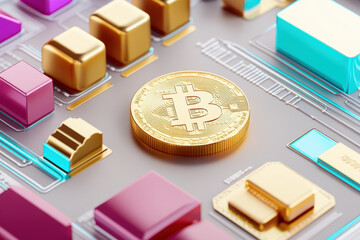 Digital currency coin surrounded by colorful circuit board elements
