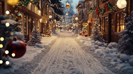 Fototapeta premium 3D snow-covered village streets with festive holiday lights.