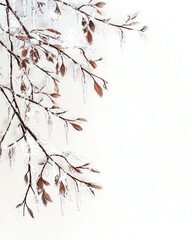 Fototapeta premium A delicate branch with brown leaves draped in icicles against a soft white background, capturing winter's beauty.