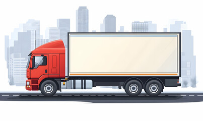 A red delivery truck parked on a city street with a blank cargo area.