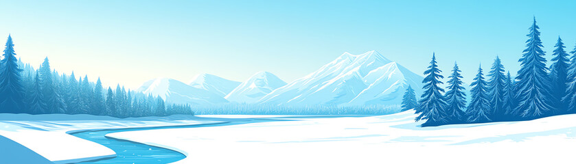 Obraz premium A serene winter landscape featuring snow-covered mountains, evergreen trees, and a calm river flowing through.