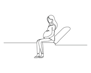 A minimalist line drawing of a pregnant person seated on a bench, hand resting on the belly, capturing a moment of calm and anticipation