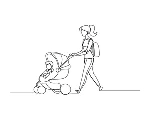 a young woman pushing a stroller with a child, walking with a backpack Captures a simple, everyday scene in a clean, artistic style. Simple continuous line drawing