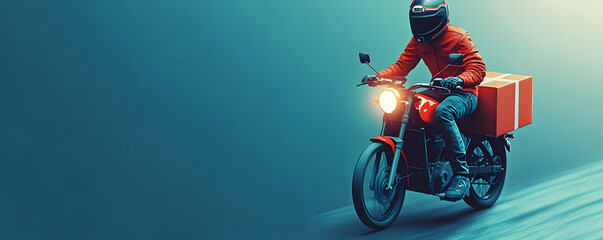 Fototapeta premium A delivery rider on a motorcycle, transporting a package against a gradient background.