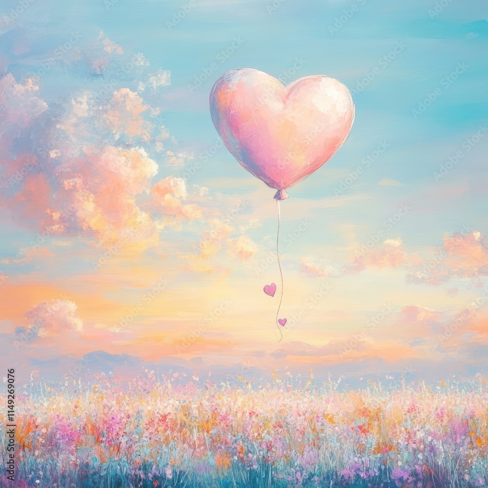 Wall mural Red heart-shaped balloons float amidst fluffy white clouds in a vibrant blue summer sky, symbolizing love and romance in this idyllic celebration of Valentine's Day