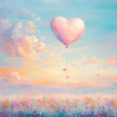 Red heart-shaped balloons float amidst fluffy white clouds in a vibrant blue summer sky, symbolizing love and romance in this idyllic celebration of Valentine's Day