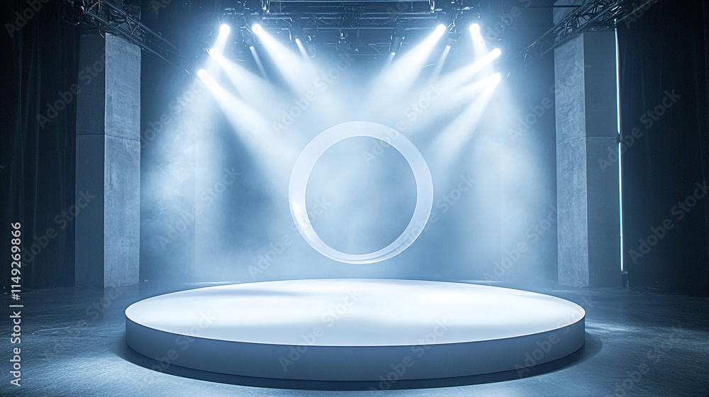 Poster light beams illuminate an empty stage with a circular centerpiece.
