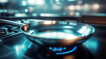 Obraz premium Stainless Steel Skillet on a Gas Stove Prepared for Cooking