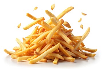 Crisp, high-resolution food photography: falling potato fries against a pure white backdrop.  Ready-to-use clipping path.