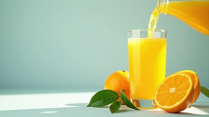 Refreshing Glass of Orange Juice Poured from a Pitcher, Alongside Fresh Oranges and Lush Green Leaves on a Light Blue Background