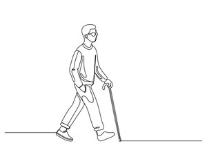 a visually impaired person walking with a cane The person wears glasses and uses the cane for assistance