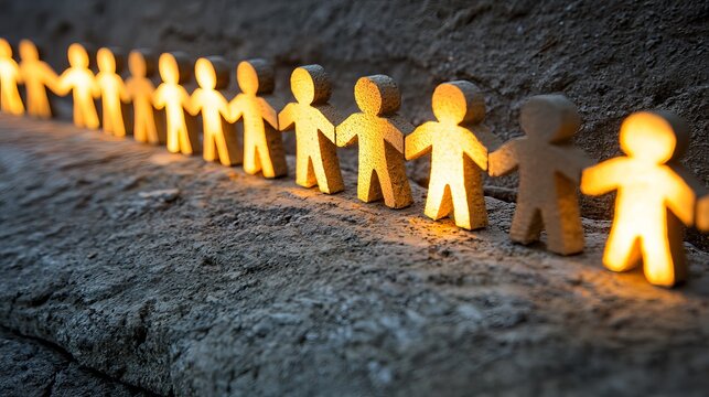 Paper cutout figures holding hands, illuminated by warm light on a textured stone background, symbolizing unity and connection.