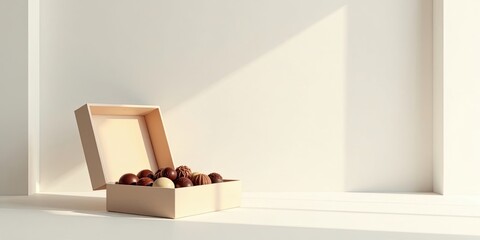 Partially Opened Box of Assorted Chocolates in Soft Sunlight on White Surface