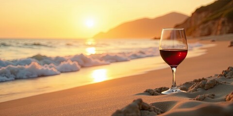 Golden Hour Relaxation A Glass of Red Wine on the Sandy Beach at Sunset