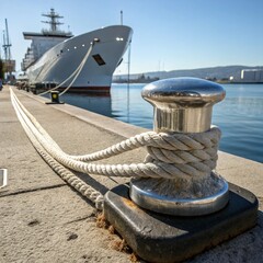 Large luxury white cruise ship with moored anchor peg at the coastline.