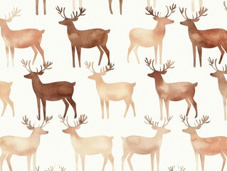 Naklejka premium A whimsical pattern featuring watercolor deer in various shades, perfect for nature-inspired designs and decor.