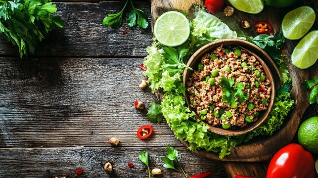 Spicy minced pork larb served with greens and lime on a rustic wooden background top view