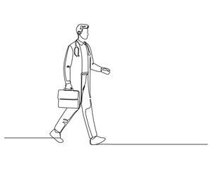 a doctor walking with a briefcase, wearing a stethoscope and lab coat Captures movement and professionalism in a clean, minimalist line hand drawn style. continuous line drawing design